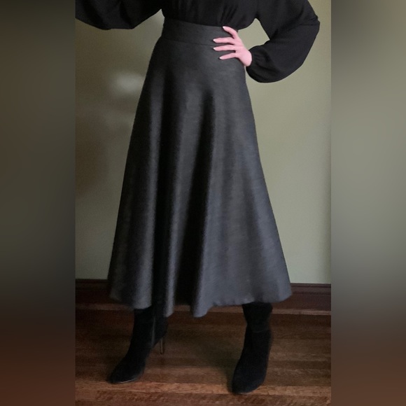 Charcoal Flared Maxi Skirt, High Waist, Herringbone Skirt - Picture 3 of 8